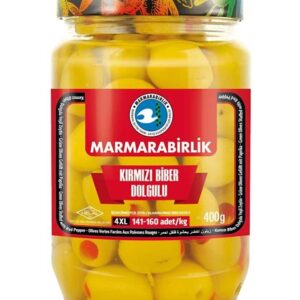 MarmaraBirlik Salamura Kırmızı Biber Dolgulu Yeşil Zeytin 4xl 141 160 Adet kg 400 gr