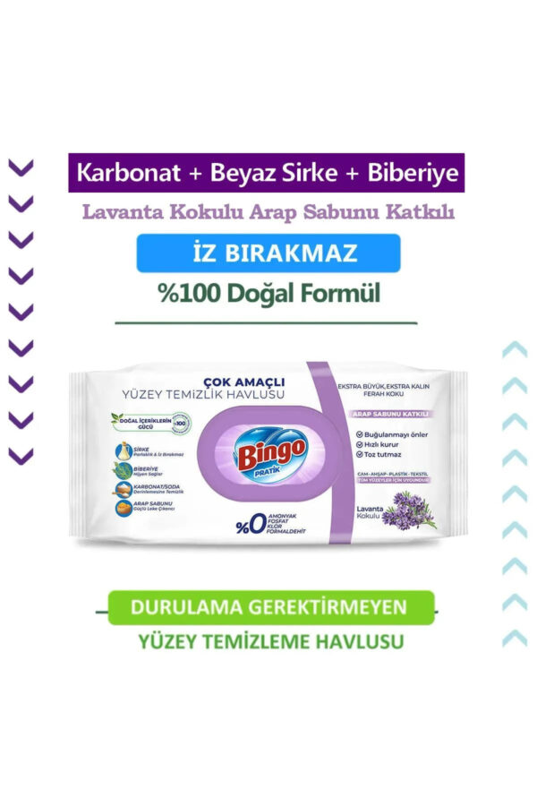 Bingo Çok Amaçlı Yüzey Temizlik Havlusu Mendili Lavanta Kokulu Arap Sabunu Katkılı 96'lı